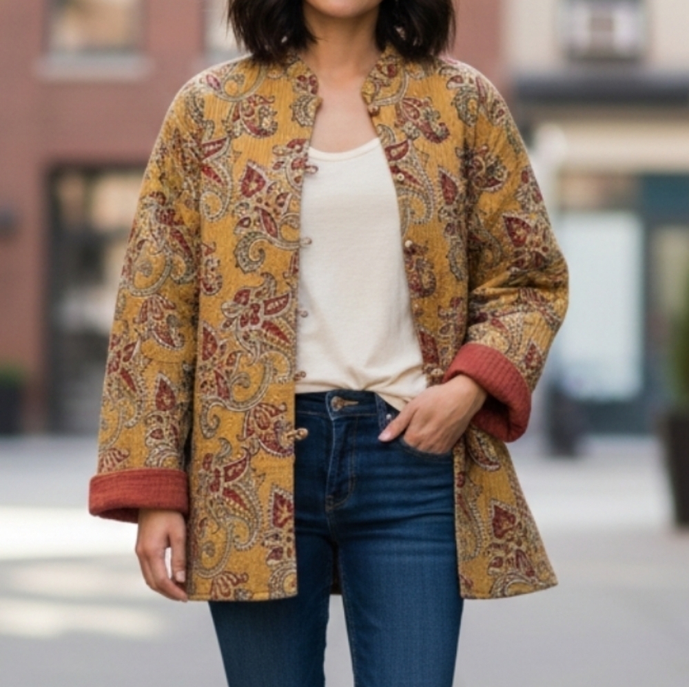 Vintage Sam Hilu Reversible Kantha Quilted Jacket - Handloom Paisley & Rust XS
